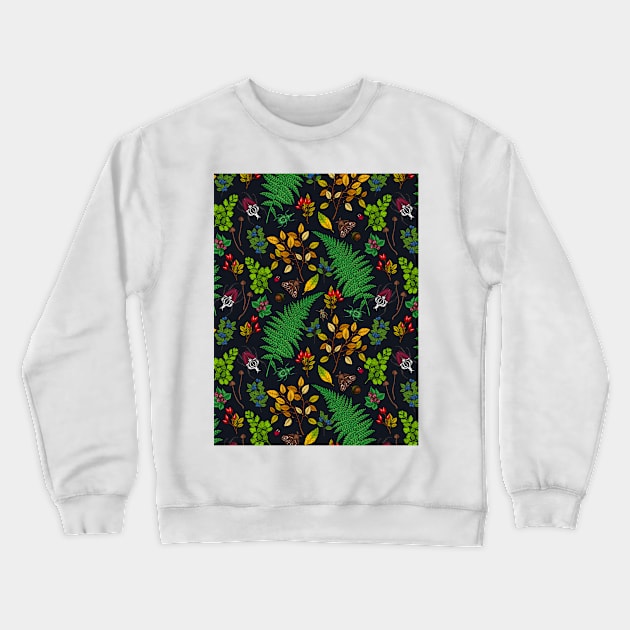 Forest berries, leaves and bugs on graphite black Crewneck Sweatshirt by katerinamk